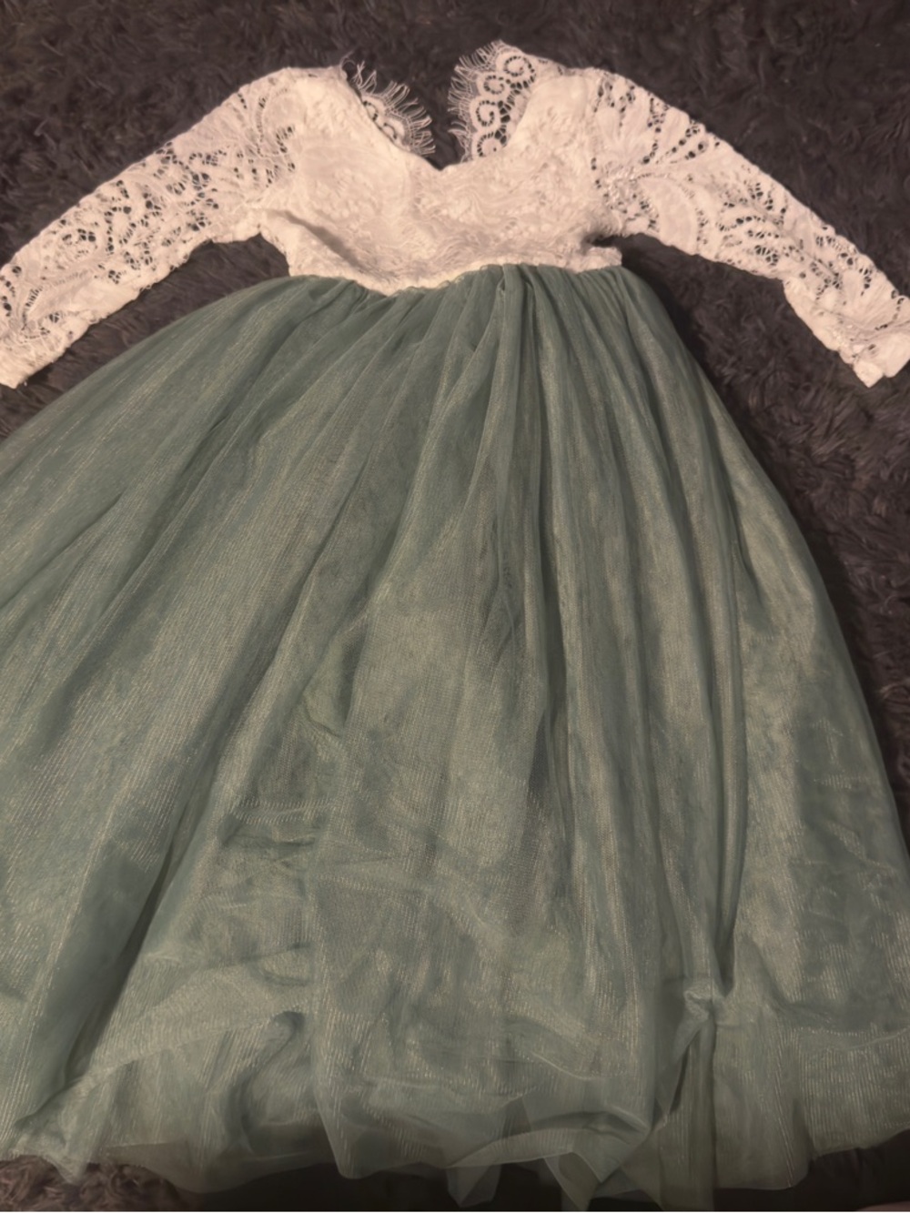 Lace Bodice Tulle Skirt Kids Dress in White and Sage Green